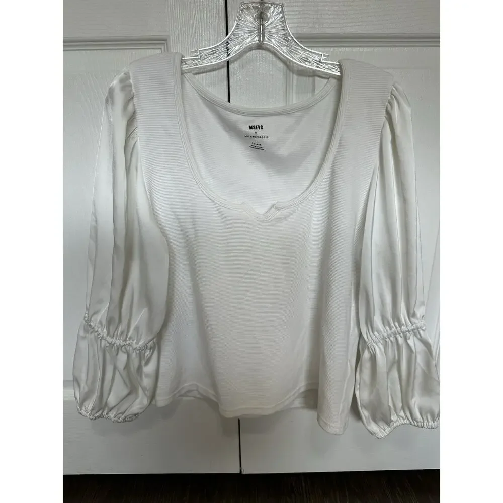 Maeve Anthropologie Top Women XL White Satin Sleeve Blouse Romantic Ribbed
